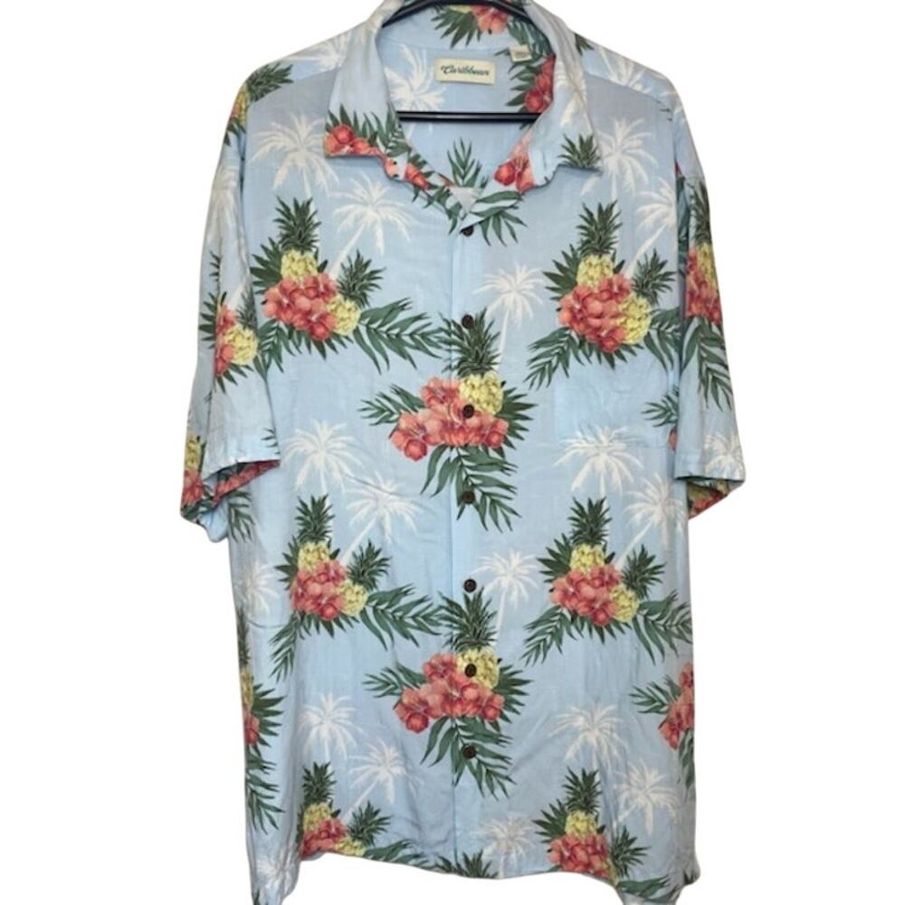 Caribbean Men’s Button‑Up • 3XT • Baby Blue • Bold Floral Print